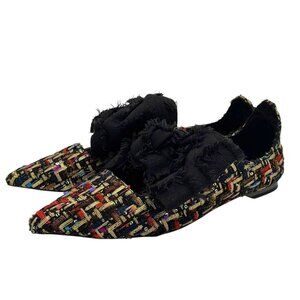 Zara Multicolor Tweed Pointed Flats Black Frayed Bow Women's Size EU 37/US 6.5